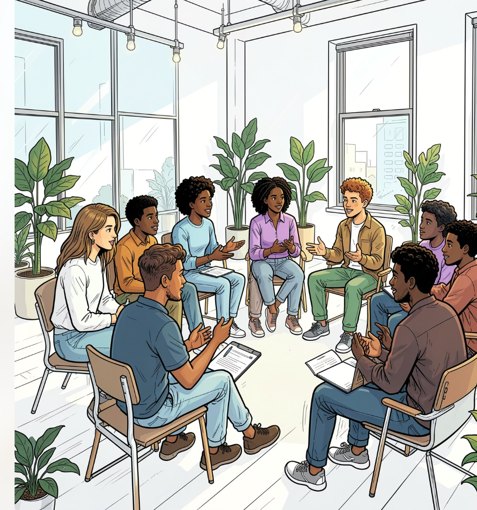 A cohort in a bright room, seated in a circle mid-discussion
